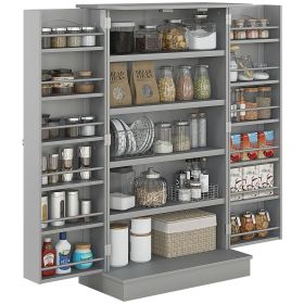 41" Kitchen Pantry Storage Modern 2-Door Cabinet with 5-Tier Shelving 12 Spice Racks Adjustable Shelves Gray