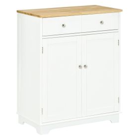 Kitchen Storage Cabinet, Sideboard Floor Cupboard with Solid Wood Top, Adjustable Shelf & 2 Drawers for Living Room, Hallway, White