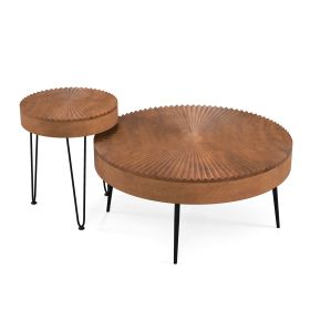 Set of 2 Boho Round Coffee Table with Solid Pine Wood Top and Metal Legs