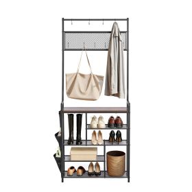 Hall Tree, 70.9 in Coat Rack with Shoe Storage, Freestanding 4-Tier Shoe Rack Organizer with Hooks, Side Pocket and Wire Shelf