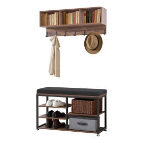 Coat Rack with Shoe Bench, 3-in-1 Shoe Coat Rack Combo Set with Hooks and Bookshelf, Steel Frame Hall Tree Entrance Storage Organizer Holder for