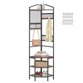Corner Hall Tree, 71.3 in Coat Rack with Hooks, Top Shelf & Steel Frame, Freestanding Clothes Shoes Rack Storage Organizer with Anti-Tip Set