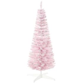 HOMCOM 5' Snow Flocked Artificial Pencil Christmas Tree, Slim Xmas Tree With Realistic Branches And Plastic Base Stand For Indoor Decoration, Pin (Option: Pink)